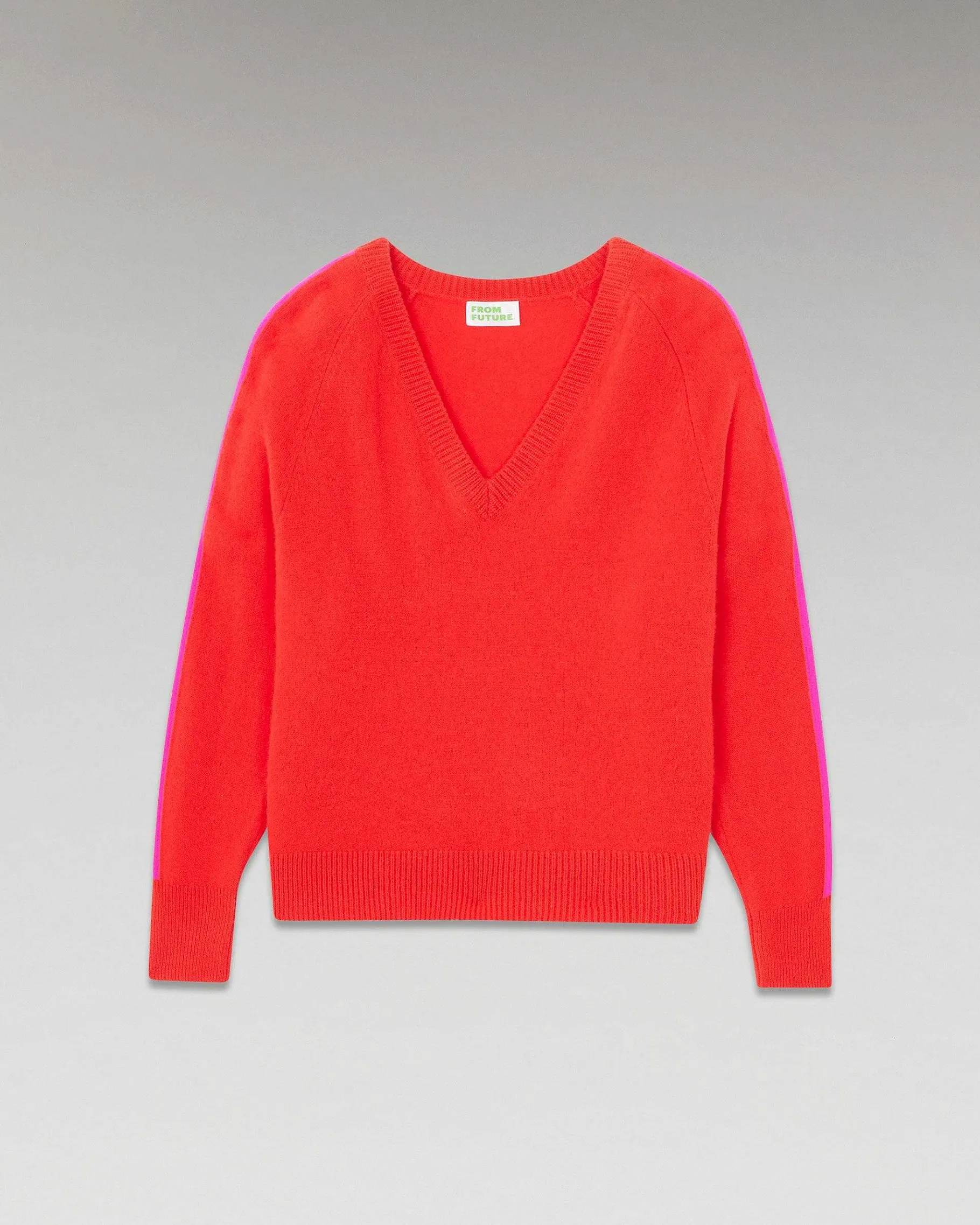 Discount FROM FUTURE Pull Col V Oversize Bandes Bicolore Leger Rouge Vif