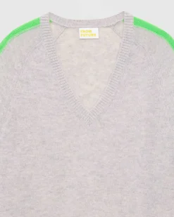 Hot FROM FUTURE Pull Col V Oversize Bandes Bicolore Leger Gris Chine Clair