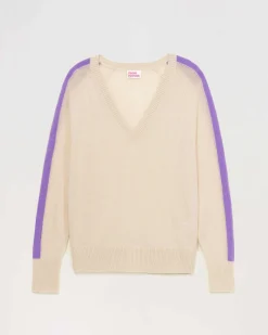 Sale FROM FUTURE Pull Col V Oversize Bandes Bicolore Leger Sable
