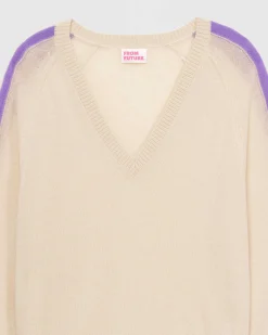 Sale FROM FUTURE Pull Col V Oversize Bandes Bicolore Leger Sable