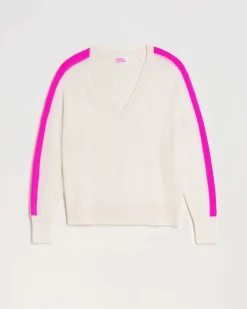 Best FROM FUTURE Pull Col V Oversize Bandes Bicolore Leger Ecru