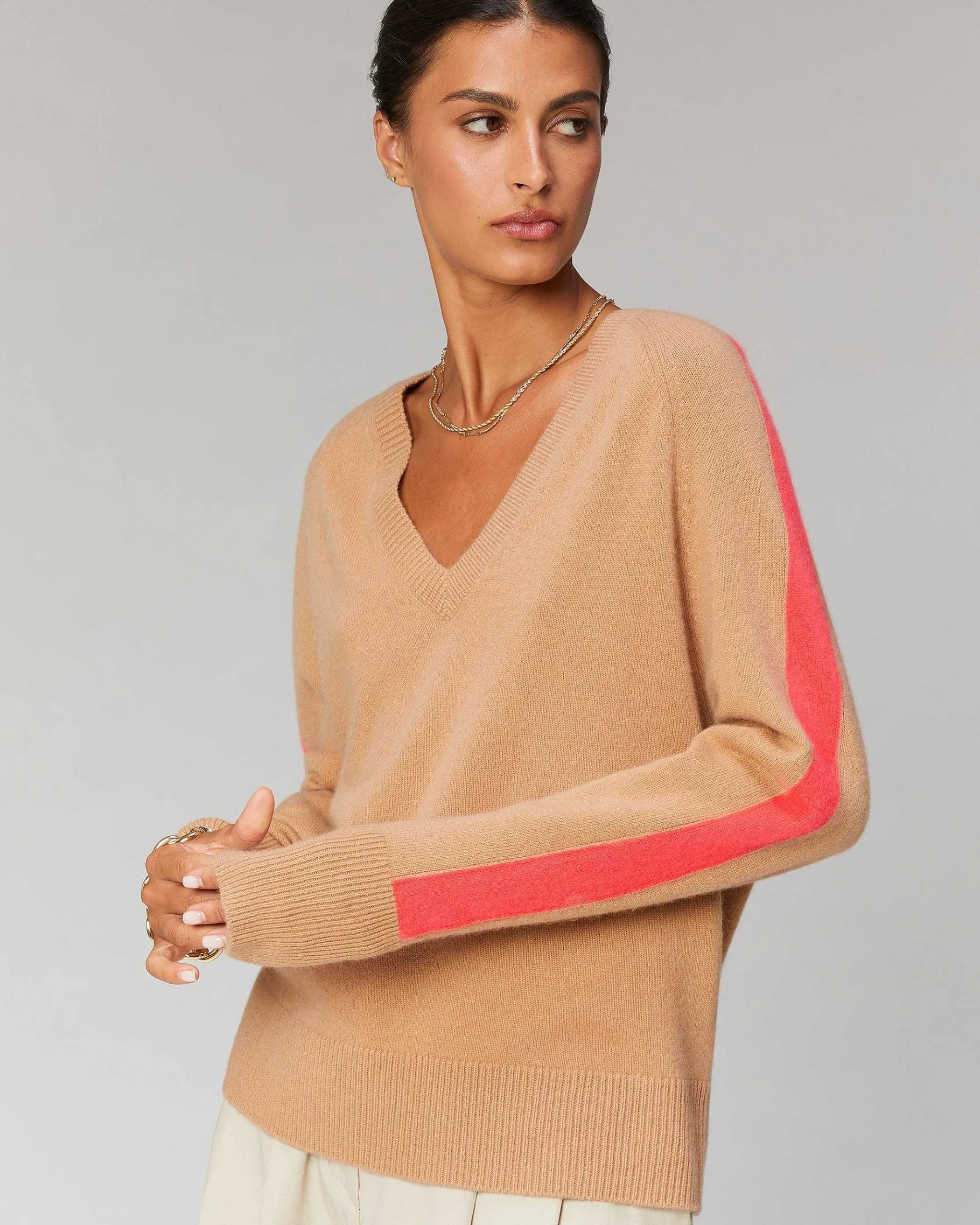 Best FROM FUTURE Pull Col V Oversize Bandes Bicolore Leger Ecru