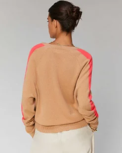 FROM FUTURE Pull Col V Oversize Bandes Bicolore Leger Rose Poudre
