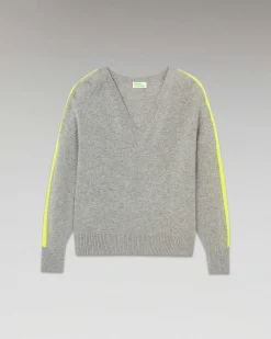 Hot FROM FUTURE Pull Col V Oversize Bandes Bicolore Leger Gris Chine Fonce