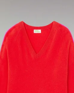 New FROM FUTURE Pull Col V Oversize Bandes Bicolore Leger Rouge Vif
