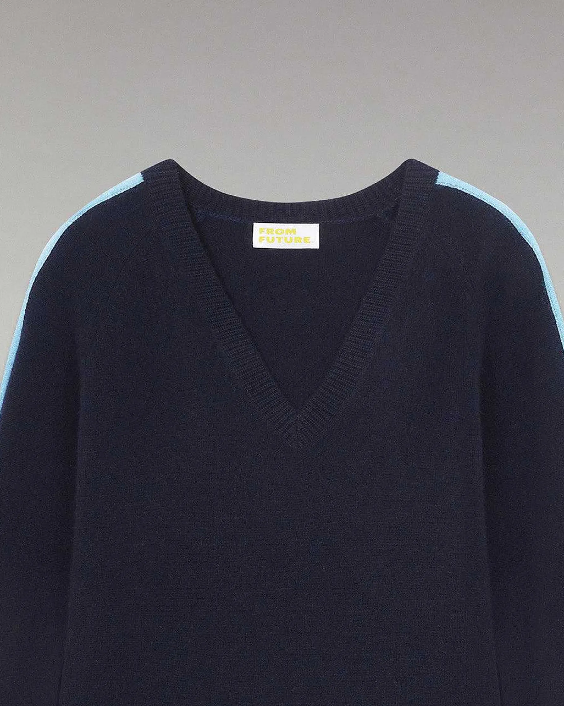 FROM FUTURE Pull Col V Oversize Bandes Bicolore Leger Navy