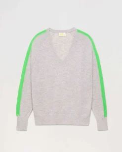 New FROM FUTURE Pull Col V Oversize Bandes Bicolore Leger Gris Chine Clair