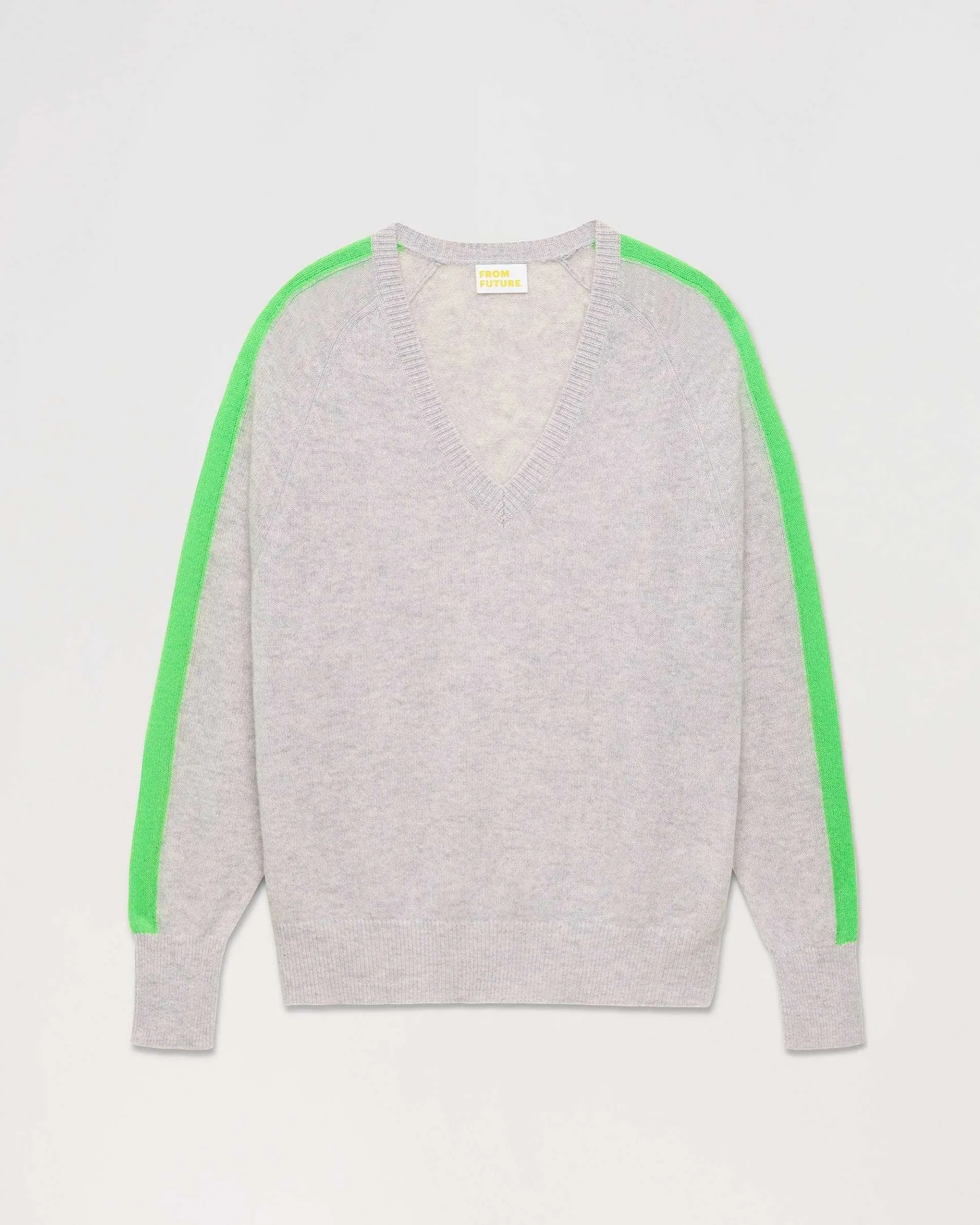 New FROM FUTURE Pull Col V Oversize Bandes Bicolore Leger Gris Chine Clair