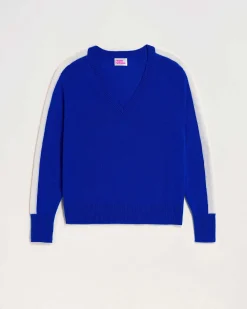 Sale FROM FUTURE Pull Col V Oversize Bandes Bicolore Leger Electric Blue
