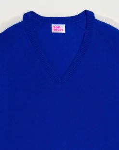 Sale FROM FUTURE Pull Col V Oversize Bandes Bicolore Leger Electric Blue