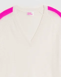 New FROM FUTURE Pull Col V Oversize Bandes Bicolore Leger Ecru