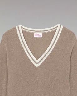 Outlet FROM FUTURE Pull Col V Rayures Tennis Leger Taupe
