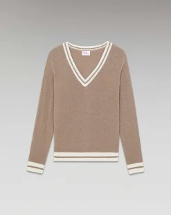 Outlet FROM FUTURE Pull Col V Rayures Tennis Leger Taupe