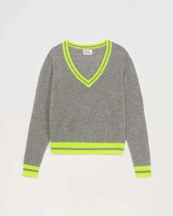 Sale FROM FUTURE Pull Col V Rayures Tennis Leger Gris Chine Fonce