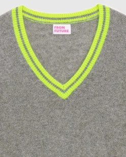 Sale FROM FUTURE Pull Col V Rayures Tennis Leger Gris Chine Fonce