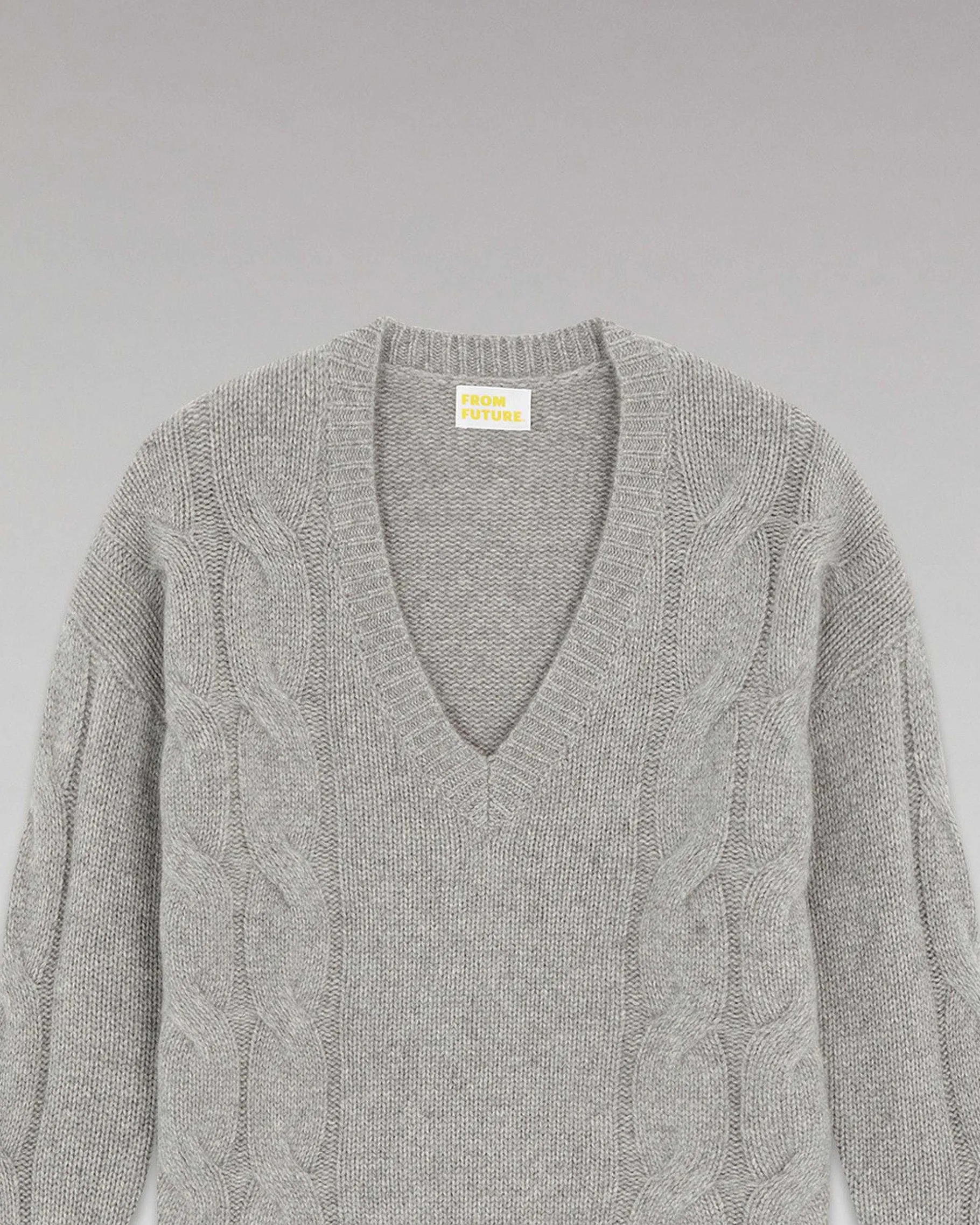 Best FROM FUTURE Pull Col V Torsades Epais Gris Chine Fonce