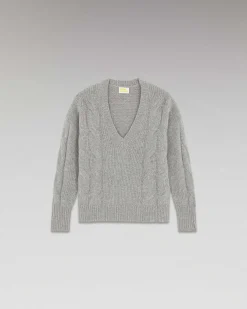 FROM FUTURE Pull Col V Torsades Epais Gris Chine Fonce
