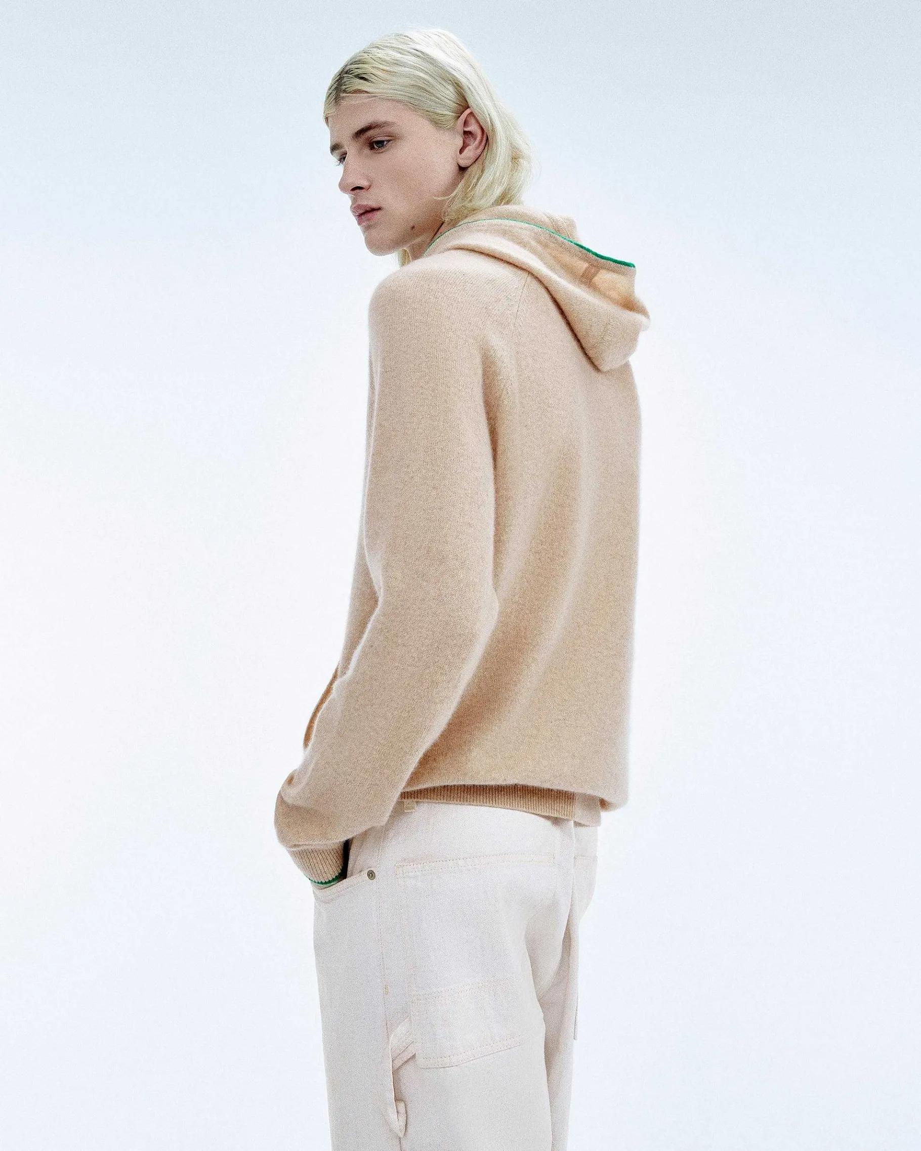 Discount FROM FUTURE Pull Hoodie A Poche Et Liserets Contrastes Beige Chine