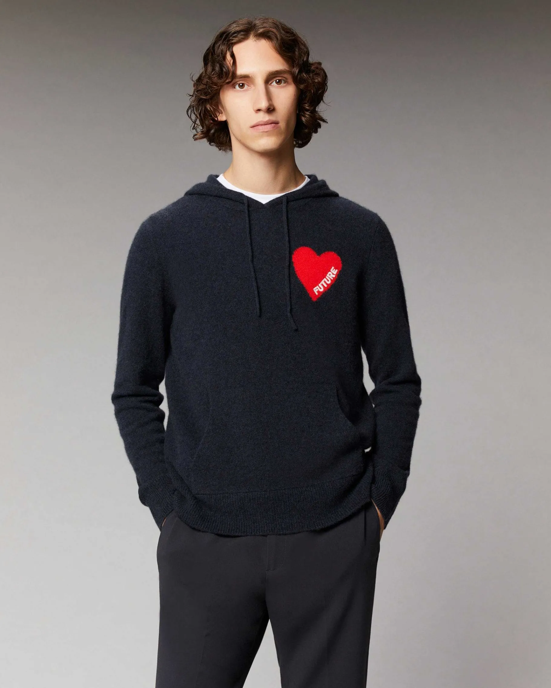 Outlet FROM FUTURE Pull Hoodie Coeur Leger Gris Chine Clair