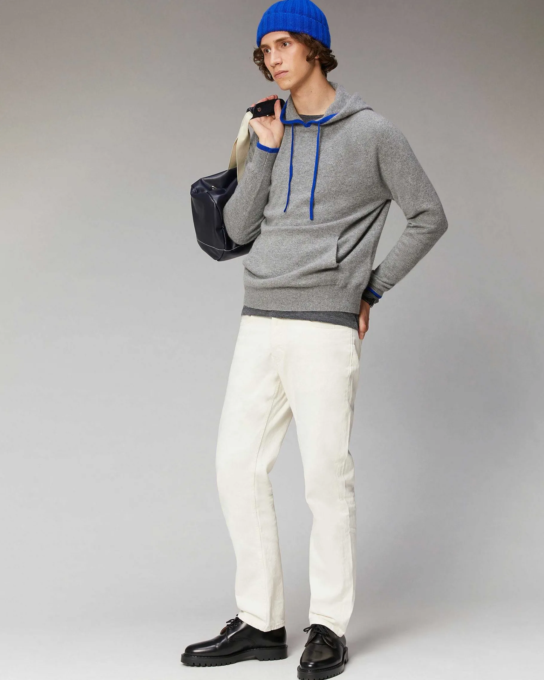 Sale FROM FUTURE Pull Hoodie Liserets Contrastes Leger Gris Chine Clair