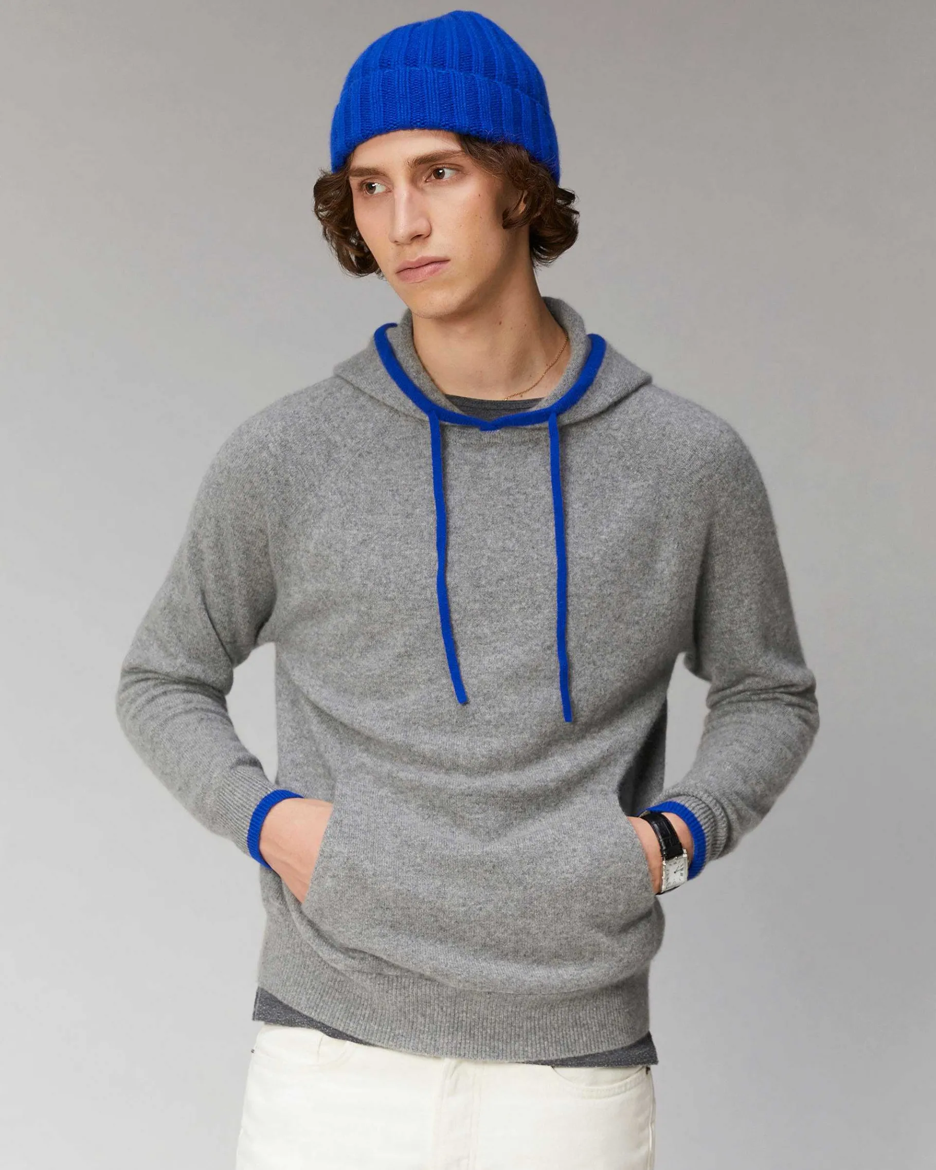 Sale FROM FUTURE Pull Hoodie Liserets Contrastes Leger Gris Chine Clair