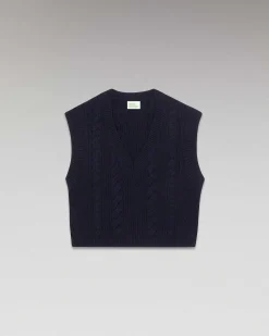 New FROM FUTURE Pull Sans Manche Torsades Navy