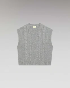 Hot FROM FUTURE Pull Sans Manche Torsades Gris Chine Fonce