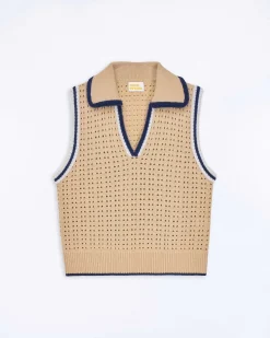 Best FROM FUTURE Pull Sans Manche Tricot Ajoure Beige