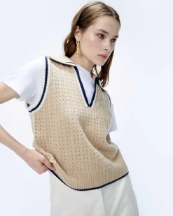 Best FROM FUTURE Pull Sans Manche Tricot Ajoure Beige