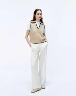 Outlet FROM FUTURE Pull Sans Manche Tricot Ajoure Beige