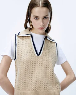 Outlet FROM FUTURE Pull Sans Manche Tricot Ajoure Beige