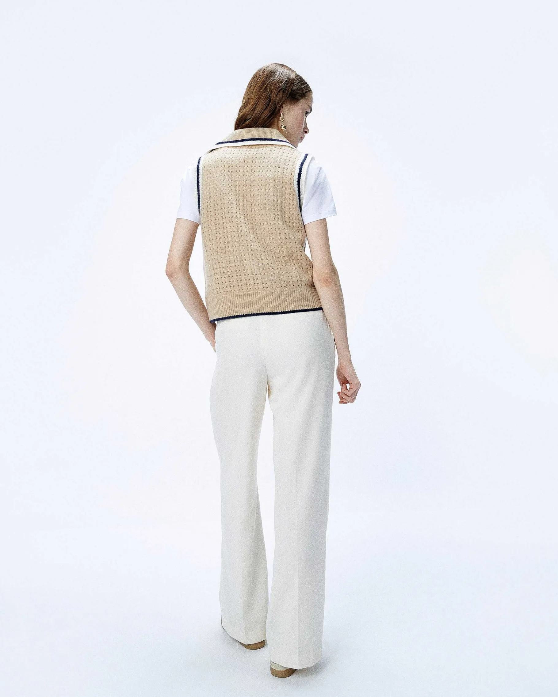 Discount FROM FUTURE Pull Sans Manche Tricot Ajoure Beige