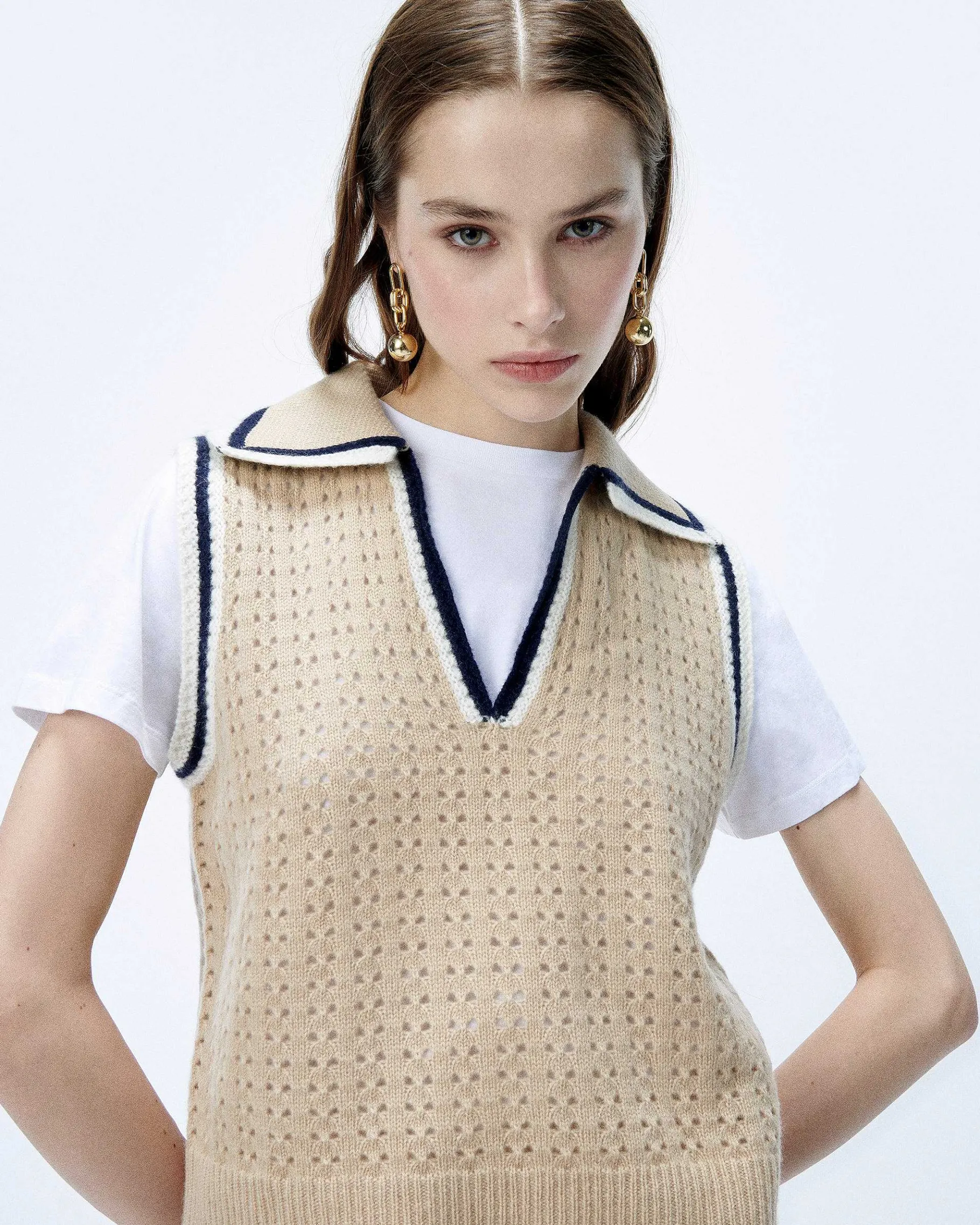 Discount FROM FUTURE Pull Sans Manche Tricot Ajoure Beige