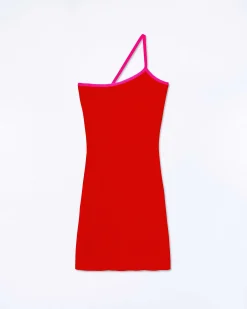 Sale FROM FUTURE Robe Courte Asymetrique Bicolore Rouge Vif