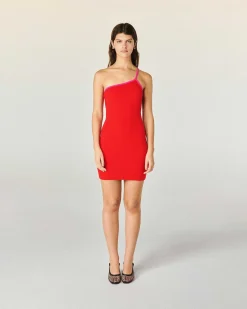 Sale FROM FUTURE Robe Courte Asymetrique Bicolore Rouge Vif