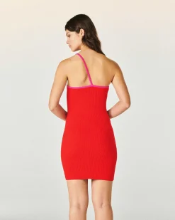 Sale FROM FUTURE Robe Courte Asymetrique Bicolore Rouge Vif