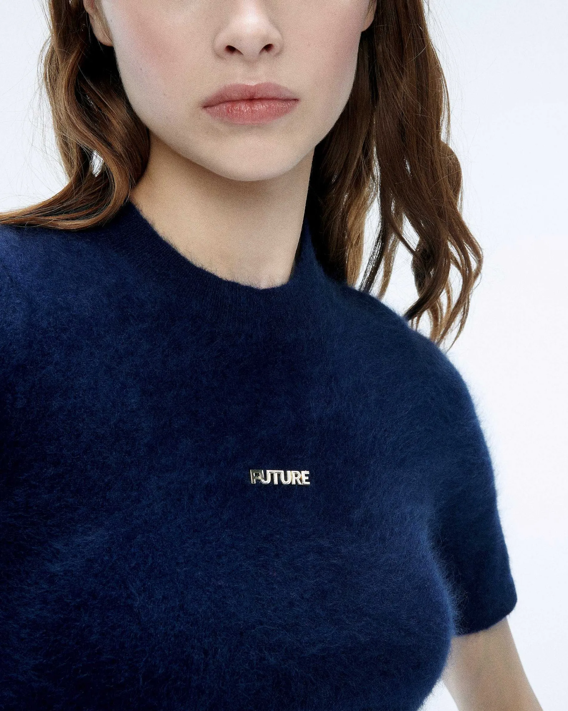 Best FROM FUTURE Robe Courte Manche Courte En Cachemire Brosse Navy