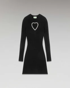 Hot FROM FUTURE Robe Courte Manche Longue Coeur Strass Noir