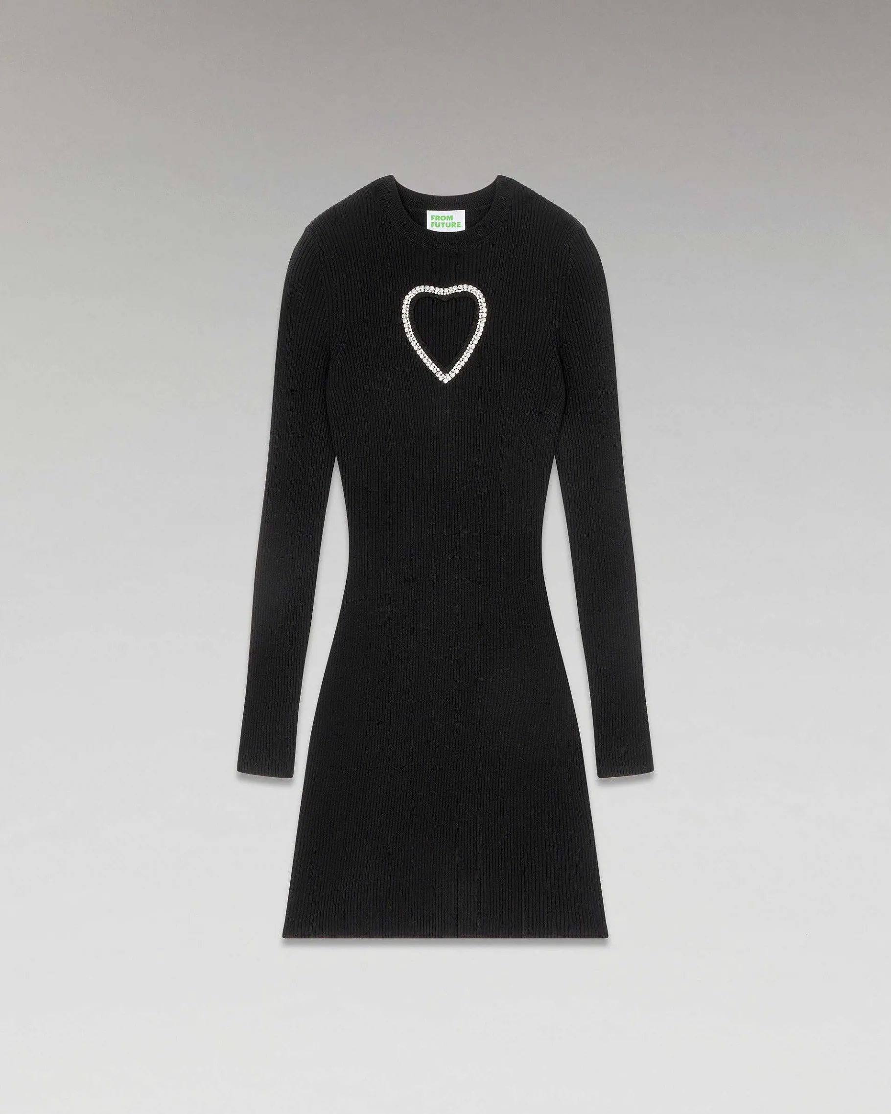 Hot FROM FUTURE Robe Courte Manche Longue Coeur Strass Noir