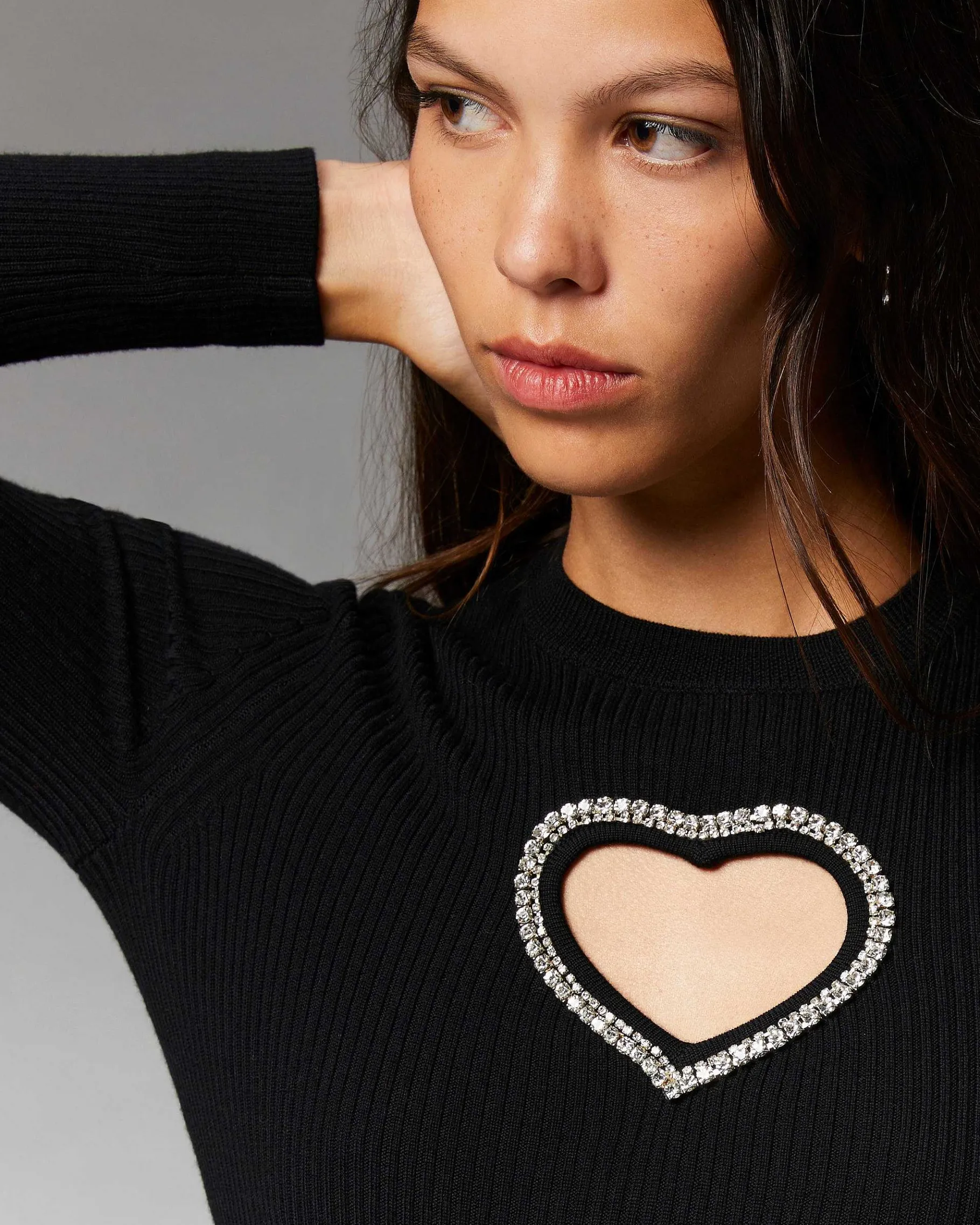 Hot FROM FUTURE Robe Courte Manche Longue Coeur Strass Noir