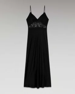 Hot FROM FUTURE Robe Longue Bretelle Decoupee Dentelle Noir