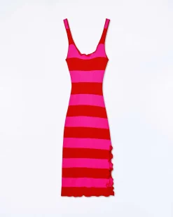 New FROM FUTURE Robe Longue Bretelle Rayures Rouge Vif