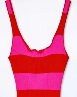 New FROM FUTURE Robe Longue Bretelle Rayures Rouge Vif