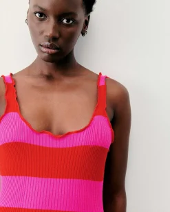 New FROM FUTURE Robe Longue Bretelle Rayures Rouge Vif