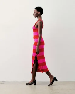 New FROM FUTURE Robe Longue Bretelle Rayures Rouge Vif
