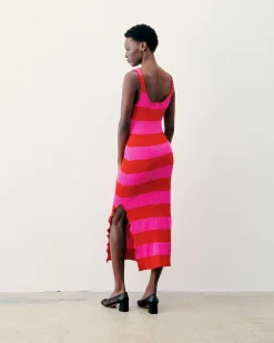 New FROM FUTURE Robe Longue Bretelle Rayures Rouge Vif
