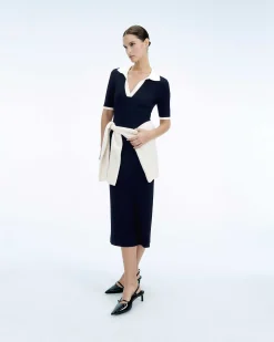 Sale FROM FUTURE Robe Longue Manche Courte Navy