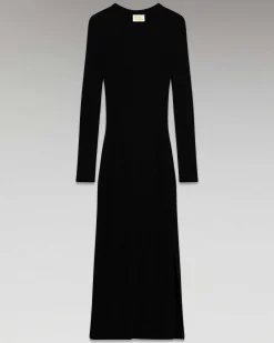 Sale FROM FUTURE Robe Longue Manche Longue A Cotes Fendue Noir