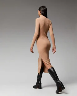 Outlet FROM FUTURE Robe Longue Manche Longue Col Roule A Cotes Camel