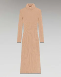 Outlet FROM FUTURE Robe Longue Manche Longue Col Roule A Cotes Camel